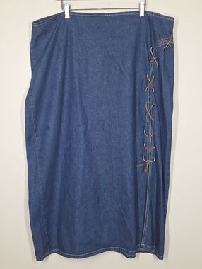 Vtg 90s Y2K Denim Jean Maxi Long Skirt Lace Up Side Front Slit Grunge Boho 24W